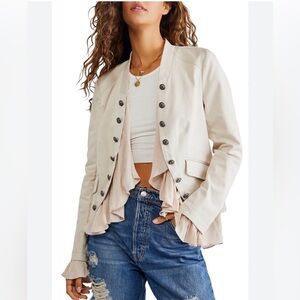 Free People Cream Ruffled Military-Style Jacket